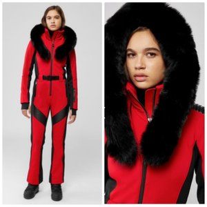 NWT Mackage Elle Down Ski Suit blue fox fur